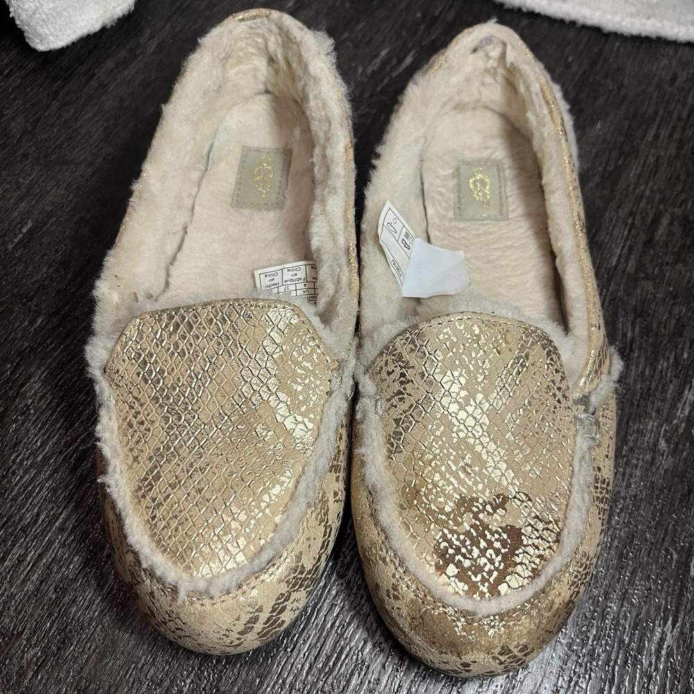 UGG Slipper Shoes Hailey Metallic Snake Shoes Slip‎ On Gold Suede US 6 Fur Cozy